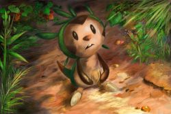 Rule 34 | black eyes, chespin, commentary request, creature, creatures (company), food, full body, game freak, gen 6 pokemon, grass, holding, holding food, looking up, mei ford, nintendo, no humans, nut (food), plant, pokemon, pokemon (creature), solo, standing