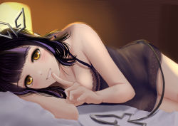 Rule 34 | 1girl, nanashi inc., alternate costume, alternate hairstyle, black hair, black nightgown, blunt bangs, blush, breasts, commentary request, cowboy shot, dc24v, demon girl, demon horns, demon tail, finger to mouth, grin, horns, indoors, kojo anna, lamp, long hair, looking at viewer, lying, medium breasts, multicolored hair, nightgown, on bed, on side, pillow, purple hair, smile, solo, sugar lyric, tail, two-tone hair, virtual youtuber, yellow eyes