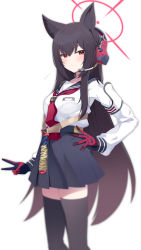 Rule 34 | 1girl, animal ear fluff, animal ears, aria (koiiroharemoyou), belt, black gloves, black sailor collar, black skirt, black thighhighs, blue archive, blush, breast pocket, brown hair, closed mouth, feet out of frame, fox ears, gloves, hair between eyes, halo, hand on own hip, headset, highres, long hair, long sleeves, looking at viewer, neckerchief, pleated skirt, pocket, red eyes, red gloves, red neckerchief, sailor collar, school uniform, serafuku, simple background, skirt, solo, sweat, thighhighs, throat microphone, two-tone gloves, v, white background, white serafuku, yukino (blue archive), zettai ryouiki