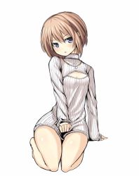 Rule 34 | 10s, 1girl, :o, alternate costume, arm support, artist request, barefoot, blanc (neptunia), blue eyes, blush, breasts, brown hair, cleavage, cleavage cutout, clothing cutout, dress, full body, head tilt, jewelry, light brown hair, long sleeves, looking at viewer, meme attire, necklace, neptune (series), open-chest sweater, open mouth, parted bangs, ribbed sweater, seiza, short dress, short hair, simple background, sitting, sketch, small breasts, solo, source request, sweater, sweater dress, thighs, turtleneck, white background