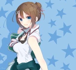 Rule 34 | 10s, 1girl, alternate costume, alternate hairstyle, bag, blue background, blue eyes, breasts, brown hair, cleavage, commentary request, eyebrows, hair ornament, highres, kantai collection, looking to the side, maya (kancolle), medium breasts, open mouth, school bag, school uniform, short hair, solo, star (symbol), starry background, tebi (tbd11), x hair ornament