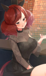 Rule 34 | 1girl, absurdres, animal ears, black dress, blush, breasts, brick wall, brown eyes, cleavage, dress, highres, horse ears, horse girl, horse tail, long sleeves, looking at viewer, medium hair, nice nature (umamusume), night, open mouth, red hair, see-through, sitting, smile, solo, table, tail, tyabesu, umamusume, window