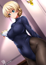 Rule 34 | 1girl, :o, black pantyhose, blonde hair, blue eyes, blue leotard, blush, braid, breasts, covered erect nipples, covered navel, cup, darjeeling (girls und panzer), dated, dutch angle, french braid, girls und panzer, groin, hair between eyes, heattech leotard, highleg, highleg leotard, holding, holding cup, impossible clothes, impossible leotard, kamogawa tanuki, large breasts, leotard, long sleeves, looking at viewer, pantyhose, parted lips, ribbed leotard, short hair, signature, solo, sweater, swept bangs, teacup, thighs, turtleneck, twitter username