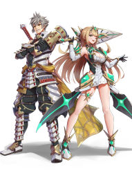 Rule 34 | 1boy, 1girl, :d, ;d, addam origo, armor, artist name, bare legs, bare shoulders, blonde hair, blush, breasts, chest jewel, cleavage, cleavage cutout, clothing cutout, crossed arms, dress, earrings, elbow gloves, faulds, gloves, grin, highres, holding, holding sword, holding weapon, japanese armor, jewelry, large breasts, long hair, looking at viewer, mythra (xenoblade), nintendo, one eye closed, open mouth, orange eyes, shin guards, shoes, short dress, sidelocks, silver hair, simple background, skindentation, sleeveless, sleeveless dress, smile, straight hair, swept bangs, sword, thigh strap, tiara, v-shaped eyebrows, vambraces, very long hair, weapon, weapon on back, white background, white footwear, white gloves, xenoblade chronicles (series), xenoblade chronicles 2, xenoblade chronicles 2: torna - the golden country