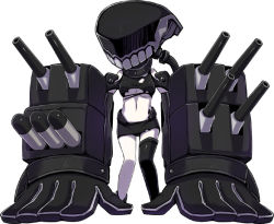 Rule 34 | 10s, 1girl, abyssal ship, black gloves, black thighhighs, breasts, chibi, gloves, kantai collection, minarai, navel, oversized forearms, oversized limbs, simple background, single thighhigh, solo, thighhighs, torn clothes, tsu-class light cruiser, turret, underboob, white background, zettai ryouiki