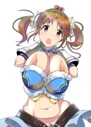 Rule 34 | 10s, 1girl, :o, belly, bouncing breasts, breasts, breasts out, brown eyes, brown hair, crown, curvy, granblue fantasy, hip focus, huge breasts, idolmaster, idolmaster cinderella girls, long hair, looking at viewer, matching hair/eyes, midriff, motion blur, navel, nekokan (cat&#039;s cradle), nipples, open mouth, simple background, solo, totoki airi, twintails, wardrobe malfunction, white background, wide hips