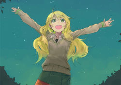 Rule 34 | 1girl, blonde hair, earrings, green eyes, hoshii miki, idolmaster, idolmaster (classic), jewelry, kusugi tai, long hair, night, open mouth, outstretched arms, pantyhose, shooting star, skirt, sky, smile, solo, star (sky), star (symbol), starry sky, sweater, tree