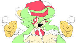 Rule 34 | 1girl, animal ears, blush stickers, breasts, cheese, food, green hair, hat, leotard, mad rat dead, mouse (animal), mouse ears, mouse girl, nippon ichi, rat god, red eyes, tie clip, wings, wrist cuffs