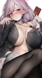 Rule 34 | 1girl, black shirt, blue archive, blush, breasts, center opening, cleavage, from above, highres, jewelry, large breasts, long hair, lying, navel, necklace, on back, open clothes, open shirt, pantyhose, pink eyes, pink hair, poharo, shirt, single bare shoulder, tomoe (blue archive), white background