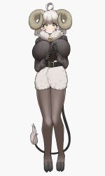 Rule 34 | 1girl, ahoge, animal feet, bell, belt, black gloves, black pantyhose, black shirt, breasts, commentary, curled horns, full body, fur collar, fur skirt, gloves, highres, hooves, horizontal pupils, horns, huge breasts, impossible clothes, impossible shirt, long sleeves, looking at viewer, medium hair, mixed-language commentary, neck bell, original, pantyhose, ribbed shirt, sheep girl, sheep horns, shirt, simple background, solo, tail, white background, white hair, yellow eyes, yutorin kakka