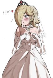 Rule 34 | 1girl, bare shoulders, blonde hair, blue eyes, blush, breasts, bridal veil, bride, brooch, choker, cleavage, commentary request, dress, earrings, elbow gloves, flying sweatdrops, gloves, hair over one eye, heart, highres, jewelry, large breasts, long hair, mario (series), nintendo, open mouth, ponytail, rosalina, solo, star (symbol), star brooch, star earrings, strapless, strapless dress, super mario galaxy, super mario odyssey, tiara, toggy keiichi, veil, wedding dress, white background, white dress, white gloves