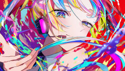 Rule 34 | 1girl, blue eyes, blush, collared shirt, hair ornament, hatsune miku, headphones, headset, highres, long hair, looking at viewer, multicolored eyes, multicolored hair, nail polish, oda kogane, paint, rainbow eyes, rainbow hair, red background, shirt, sleeveless, sleeveless shirt, smile, solo, twintails, upper body, vocaloid