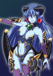 Rule 34 | 1girl, :d, arm at side, armor, armpits, astaroth (shinrabanshou), bare shoulders, black leotard, black sclera, black wings, blue background, blue hair, blue skin, bracelet, breasts, bridal gauntlets, cleavage, colored sclera, colored skin, covered erect nipples, cowboy shot, daiichi (1279220), demon girl, demon tail, demon wings, detached collar, earrings, fang, faulds, fingernails, hair between eyes, happy, heart, heart earrings, highleg, highleg leotard, horns, jewelry, leg lift, leotard, long fingernails, long hair, looking at viewer, low wings, medium breasts, nail polish, navel, open mouth, outline, outstretched arm, parted lips, pauldrons, pointy ears, purple thighhighs, red nails, shinrabanshou, shoulder armor, sideboob, simple background, slit pupils, smile, solo, spikes, standing, standing on one leg, strapless, strapless leotard, tail, thigh gap, thighhighs, turtleneck, very long hair, wings, yellow eyes