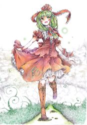 Rule 34 | 1girl, blunt bangs, blush, boots, bow, colored pencil (medium), cross-laced footwear, dress, frilled skirt, frills, front ponytail, full body, grass, green eyes, green hair, hair bow, hair ribbon, highres, kagiyama hina, matching hair/eyes, open mouth, path, puffy short sleeves, puffy sleeves, red dress, ribbon, road, short sleeves, skirt, skirt hold, smile, solo, torn clothes, touhou, traditional media, wadante, walking, wristband