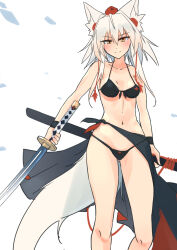 Rule 34 | absurdres, alternate eye color, animal ear fluff, animal ears, bikini, black bikini, black sarong, black wristband, breasts, feet out of frame, front-tie bikini top, front-tie top, hair between eyes, hat, highres, holding, holding sheath, holding sword, holding weapon, inubashiri momiji, kakaricho dairi, leaf print, light smile, looking at viewer, maple leaf print, medium breasts, navel, pom pom (clothes), sarong, sheath, short hair with long locks, standing, swimsuit, sword, tail, tokin hat, touhou, weapon, white hair, wolf ears, wolf girl, wolf tail, yellow eyes
