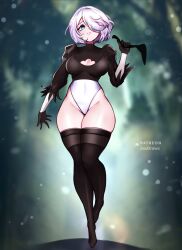 Rule 34 | 1girl, 2b (nier:automata), blue eyes, boots, breasts, cleavage, cleavage cutout, clothing cutout, gloves, highres, jaxdrawz, large breasts, leotard, nier:automata, nier (series), one eye covered, short hair, solo, thighhighs, white hair, wide hips
