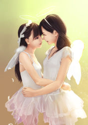 Rule 34 | 2girls, angel wings, arms around waist, black eyes, black hair, bow, butterfly wings, dress, feathers, hairband, highres, insect wings, long hair, multiple girls, noses touching, original, realistic, smile, ttk (kirinottk), white dress, white theme, wings, yuri