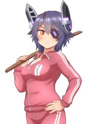 Rule 34 | 1girl, alternate costume, blush, breasts, closed mouth, eyepatch, hair between eyes, hand on own hip, headgear, highres, jacket, kantai collection, long sleeves, medium breasts, pants, purple hair, red jacket, red pants, short hair, sidelocks, simple background, smile, solo, tenryuu (kancolle), track jacket, track pants, track suit, tsukemon, white background