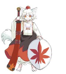 Rule 34 | 1girl, alternate costume, animal ear fluff, animal ears, baggy pants, barefoot, black skirt, breast curtain, commentary request, detached sleeves, hat, holding, holding shield, holding sword, holding weapon, huge weapon, inubashiri momiji, looking at viewer, pants, pom pom (clothes), red hat, red skirt, ribbon trim, s-a-murai, shield, short hair, skirt, smile, straight-on, sword, tail, tiptoes, tokin hat, touhou, two-tone skirt, weapon, white background, white hair, white pants, wolf ears, wolf girl, wolf tail, yellow eyes