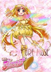 Rule 34 | 10s, 1girl, :d, boots, bow, bubble skirt, character name, circlet, copyright name, cure muse, cure muse (yellow), dress, eyelashes, frills, full body, gathers, hair ribbon, happy, heart, knee boots, long hair, magic, magical girl, no choker, open mouth, orange hair, piano keys, pink background, precure, purple eyes, rainbow order, ribbon, shirabe ako, skirt, smile, solo, sparkle, suite precure, teio (teiotei), yellow bow, yellow skirt