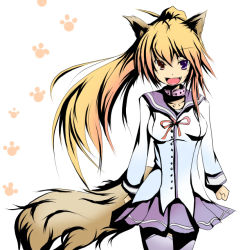 Rule 34 | 1girl, animal ears, breasts, collar, fox ears, fox tail, harsh lighting, heterochromia, kotaka, long hair, looking at viewer, open mouth, original, paw print, ponytail, school uniform, solo, tail, thighhighs, wolf ears, wolf tail