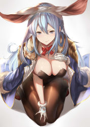 Rule 34 | 1girl, 3:, animal ears, blue eyes, blue hair, breasts, brown pantyhose, cleavage, fake animal ears, from above, fur-trimmed gloves, fur trim, gloves, granblue fantasy, grey background, hair between eyes, hairband, hand on own chest, highres, jacket, jacket on shoulders, kneeling, large breasts, leotard, long hair, pantyhose, playboy bunny, rabbit ears, sidelocks, simple background, sola (solo0730), solo, tears, therese (granblue fantasy), white gloves