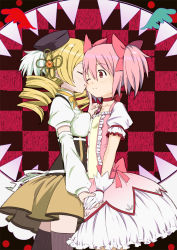 Rule 34 | 10s, 2girls, abe kanari, asymmetrical docking, beret, blonde hair, blush, breast press, breasts, bubble skirt, charlotte (madoka magica), checkered background, choker, closed eyes, detached sleeves, drill hair, fang, gloves, hair ribbon, hat, holding hands, kaname madoka, kiss, kissing cheek, magical girl, mahou shoujo madoka magica, mahou shoujo madoka magica (anime), mami mogu mogu, medium breasts, multiple girls, official style, one eye closed, open mouth, pink eyes, pink hair, puffy sleeves, ribbon, short hair, short twintails, skirt, small breasts, thighhighs, tomoe mami, twintails, white gloves, wink, yuri, zettai ryouiki