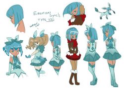 Rule 34 | 2girls, ace trainer (pokemon), blue eyes, blue hair, boots, bow, brown hair, clenched hand, closed eyes, cosplay, creatures (company), crossed arms, dark-skinned female, dark skin, dual persona, earmuffs, eevee, eeveelution project, elbow gloves, english text, fur trim, game freak, gen 1 pokemon, gen 4 pokemon, glaceon, glaceon (cosplay), gloves, hair bow, hanakawa ran, looking away, loony bear, magical girl, multiple girls, nintendo, open mouth, original, personification, pokemon, scarf, short hair, simple background, skirt, smile, standing, thigh boots, thighhighs, tiana (looney bear), tiana (loony bear), twintails, white background