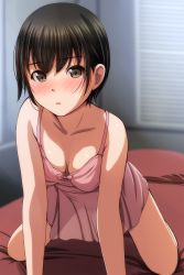 Rule 34 | 1girl, absurdres, all fours, babydoll, bare arms, bed, bed sheet, black hair, window blinds, blush, breasts, brown eyes, cleavage, collarbone, hair between eyes, highres, indoors, looking at viewer, matsunaga kouyou, on bed, open mouth, original, pink babydoll, see-through silhouette, short hair, small breasts, solo, window