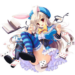 Rule 34 | 1girl, :d, alice (alice in wonderland), alice in wonderland, animal ears, ass, asymmetrical legwear, bad id, bad pixiv id, blue thighhighs, book, bow, bowtie, breasts, card, dress, hat, highres, long hair, mikeou, no panties, open mouth, playing card, rabbit ears, rabbit tail, red eyes, simple background, smile, striped clothes, striped thighhighs, tail, thighhighs, uneven legwear, white hair, wrist cuffs