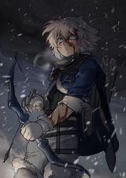 Rule 34 | 1boy, absurdres, arrow (projectile), black cloak, blizzard, blood, blood in hair, blood on clothes, blood on face, blue eyes, bow (weapon), cloak, facial mark, fur-trimmed gloves, fur trim, gloves, grey hair, guaiguaigun, hair between eyes, highres, holding, holding arrow, holding bow (weapon), holding weapon, male focus, original, outdoors, parted lips, pointy ears, quiver, sketch, sleeves rolled up, snow, snowing, solo, weapon, white gloves