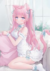 Rule 34 | 1girl, :&lt;, animal ear fluff, animal ears, armband, bare shoulders, blue eyes, blue hair, blue ribbon, cat ears, cat girl, cat tail, choker, cleavage cutout, clothing cutout, couch, dress, extra ears, food-themed hair ornament, frilled armband, frilled choker, frilled dress, frilled socks, frills, hair ornament, hair ribbon, highres, indie virtual youtuber, indoors, itigori ena, kneeling, looking at viewer, on couch, panties, pink hair, ribbon, shano hiyori, socks, solo, strawberry hair ornament, tail, tail ornament, tail ribbon, underwear, virtual youtuber, white dress, white panties, window