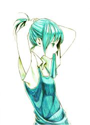 Rule 34 | 1girl, alternate hairstyle, aqua eyes, aqua hair, bad id, bad pixiv id, bunching hair, cirno, colored pencil (medium), dress, from side, hairdressing, highres, mouth hold, pinafore dress, ponytail, ribbon, ribbon in mouth, short hair, sleeveless dress, solo, takeuma, touhou, traditional media, white background