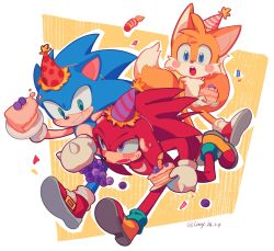 Rule 34 | 3boys, animal ears, animal nose, aqua eyes, arm up, arms up, artist name, blue eyes, blue fur, blush, boots, border, cake, cake slice, candle, confetti, fang, food, fox boy, fox ears, fox tail, fruit, furry, furry male, gloves, gold trim, grapes, hands up, hat, hedgehog, hedgehog ears, highres, holding, holding food, holding fruit, holding plate, knuckles the echidna, lazy kun, leg up, looking at another, male focus, multiple boys, multiple tails, open mouth, orange background, orange footwear, orange fur, outside border, pink headwear, plate, purple eyes, purple headwear, red footwear, red fur, red headwear, running, shadow, shoes, simple background, smile, sneakers, socks, sonic (series), sonic the hedgehog, striped clothes, striped headwear, tail, tails (sonic), teeth, tongue, two-tone footwear, two tails, white border, white gloves, white socks