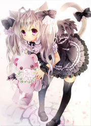 Rule 34 | 1girl, animal ears, bad id, bad pixiv id, bent over, black thighhighs, bow, cat ears, cat tail, colorized, flower, frills, hair bow, highres, kuroneko0202, long hair, open m/, original, pigeon-toed, purple eyes, puu (kari---ume), smile, solo, stuffed animal, stuffed toy, tail, teddy bear, thighhighs