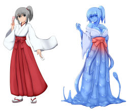 Rule 34 | blue eyes, breasts, cleavage, flat chest, grey eyes, japanese clothes, miko, monster girl, rethnick, slime girl, sura shrine maiden, transformation