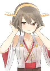 Rule 34 | 10s, absurdres, alternate hair length, alternate hairstyle, bare shoulders, brown eyes, brown hair, commentary request, cowboy shot, eyebrows, hair between eyes, hair ribbon, hand in own hair, haruna (kancolle), highres, japanese clothes, kantai collection, natsu (sinker8c), nontraditional miko, ribbon, short hair, simple background, solo, tress ribbon, upper body, white background