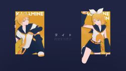 Rule 34 | 1boy, 1girl, arm up, arm warmers, bass clef, black background, black collar, black shorts, blonde hair, blue eyes, bow, character name, climbing, collar, collared shirt, commentary, crop top, hair bow, hair ornament, hairclip, kagamine len, kagamine rin, leg warmers, looking at another, nail polish, neckerchief, necktie, sailor collar, school uniform, shirt, short hair, short ponytail, short shorts, short sleeves, shorts, smile, song name, standing, swept bangs, treble clef, vocaloid, white bow, white shirt, yellow nails, yellow neckerchief, yu uxx