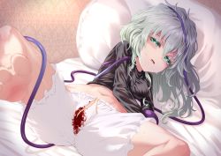 Rule 34 | 1girl, absurdres, barefoot, blood, blood on clothes, bloomers, breasts, colored eyelashes, feet, female focus, green eyes, green hair, highres, indoors, komeiji koishi, medium breasts, menstruation, messy hair, navel, nomayo, on bed, pillow, solo, spread legs, sweat, toes, touhou, underwear