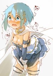 Rule 34 | 1girl, blue eyes, blue hair, blush, breasts, cape, cleavage, fortissimo, hair ornament, hairpin, highres, magical girl, mahou shoujo madoka magica, mahou shoujo madoka magica (anime), medium breasts, miki sayaka, musical note, musical note hair ornament, mzk0526, peeing, peeing self, short hair, simple background, solo, white background