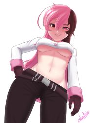 Rule 34 | 1girl, breasts, brown hair, cslucaris, from below, grin, hand on own hip, heterochromia, long hair, looking at viewer, looking down, medium breasts, midriff, multicolored hair, navel, neo politan, pink hair, rwby, seductive smile, signature, simple background, smile, solo, split-color hair, standing, stomach, underboob, white background