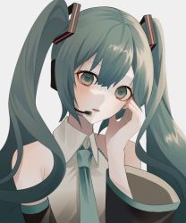 Rule 34 | 1girl, bad id, bad pixiv id, blue eyes, blue hair, blush, collared shirt, detached sleeves, hair ornament, hand on headphones, hand up, hatsune miku, headphones, headset, highres, long hair, looking at viewer, nail polish, necktie, nonda., parted lips, shirt, sleeveless, sleeveless shirt, solo, twintails, vocaloid, wide sleeves
