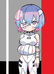 Rule 34 | 1girl, arm under breasts, ayanami rei, bandage over one eye, bandaged arm, bandages, bandaid on eye, bare shoulders, black background, blue hair, blush stickers, bodysuit, breasts, closed mouth, colored inner hair, commentary request, cowboy shot, eyelashes, fingerless gloves, gloves, grey background, holding own arm, large breasts, light frown, looking at viewer, multicolored background, multicolored hair, neon genesis evangelion, pink hair, plugsuit, red background, red eyes, simple background, sleeveless, sleeveless bodysuit, solo, terada tera, white bodysuit