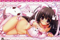 Rule 34 | 1girl, absurdres, animal ears, bow, bow panties, bra, breasts, brown hair, rabbit hair ornament, cat ears, closed mouth, collarbone, eyebrows, eyelashes, feet, glasses, hair ornament, highres, large breasts, long hair, looking at viewer, navel, no shoes, oshiki hitoshi, panties, pink eyes, pink panties, pink thighhighs, polka dot, polka dot panties, skindentation, smile, solo, stomach, stuffed animal, stuffed rabbit, stuffed toy, tareme, thighhighs, underboob, underwear, white bra