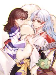 Rule 34 | 1girl, 2boys, armor, blush, brown eyes, brown hair, colored skin, commentary, crescent, crescent facial mark, facial mark, flat chest, flying sweatdrops, han&#039;you no yashahime, hands in opposite sleeves, hat, highres, holding, holding hands, holding stick, husband and wife, inuyasha, jaken, japanese clothes, lips, long hair, long sleeves, looking at another, misumiyui41, multiple boys, no mouth, obi, pointy ears, red sash, rin (inuyasha), sash, sesshoumaru, sidelocks, silver hair, slit pupils, spiked armor, stick, sweatdrop, tate eboshi, traditional youkai, yellow eyes