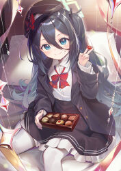 Rule 34 | 1girl, absurdly long hair, absurdres, alternate costume, aris (blue archive), bed, beret, black hair, black jacket, black skirt, blue archive, blue eyes, chocolate, food, food on face, halo, hat, highres, jacket, long hair, muo (muojjang 0929), one side up, pillow, shirt, sitting, skirt, smile, v, very long hair, white shirt
