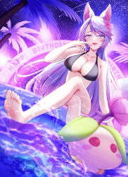 Rule 34 | 1girl, absurdres, animal ear fluff, animal ears, bikini, black bikini, blue hair, blue nails, blush, breasts, choker, cleavage, collarbone, flower, flower choker, gradient hair, gradient nails, hair flower, hair ornament, happy birthday, highres, indie virtual youtuber, large breasts, long hair, looking at viewer, looking down, multicolored hair, multicolored tail, nohanenoe, open mouth, outdoors, palm tree, partially submerged, pink hair, pink tail, silvervale, sky, solo, star (sky), star (symbol), starry background, starry sky, swimsuit, tail, tree, very long hair, virtual youtuber, water, wolf ears, wolf girl
