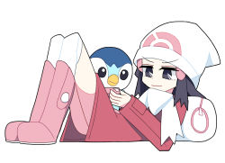 Rule 34 | 1girl, ass, bag, blue hair, boots, creatures (company), dawn (pokemon), eyebrows visible through hat, from side, full body, game freak, gen 4 pokemon, grey eyes, holding, holding phone, jacket, legs, legs together, looking at phone, lying, nintendo, phone, pink footwear, piplup, pokemon, pokemon (creature), pokemon dppt, pokemon platinum, red jacket, sarawaritai, scarf, short hair, simple background, socks, thighhighs, thighs, upskirt, wavy mouth, white background, white bag, white headwear, white scarf, white thighhighs