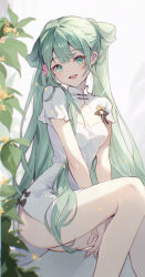 Rule 34 | 1girl, absurdres, arms between legs, ass, bare legs, breasts, chinese clothes, cleavage, cleavage cutout, clothing cutout, cloudyman, commentary request, double bun, dress, green eyes, green hair, hair bun, hatsune miku, head tilt, highres, looking at viewer, open mouth, plant, shaohua hatsune miku, side slit, simple background, small breasts, smile, teeth, upper teeth only, vocaloid, white background, white dress