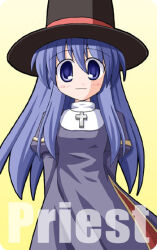 Rule 34 | 1girl, 2000s (style), arms behind back, black hat, blue dress, blue eyes, blue hair, character name, closed mouth, cross, cross necklace, dress, gradient background, hair between eyes, hat, jewelry, juliet sleeves, kikkawa (citrus fruits), long hair, long sleeves, looking at viewer, necklace, priest (ragnarok online), puffy sleeves, ragnarok online, sidelocks, smile, solo, top hat